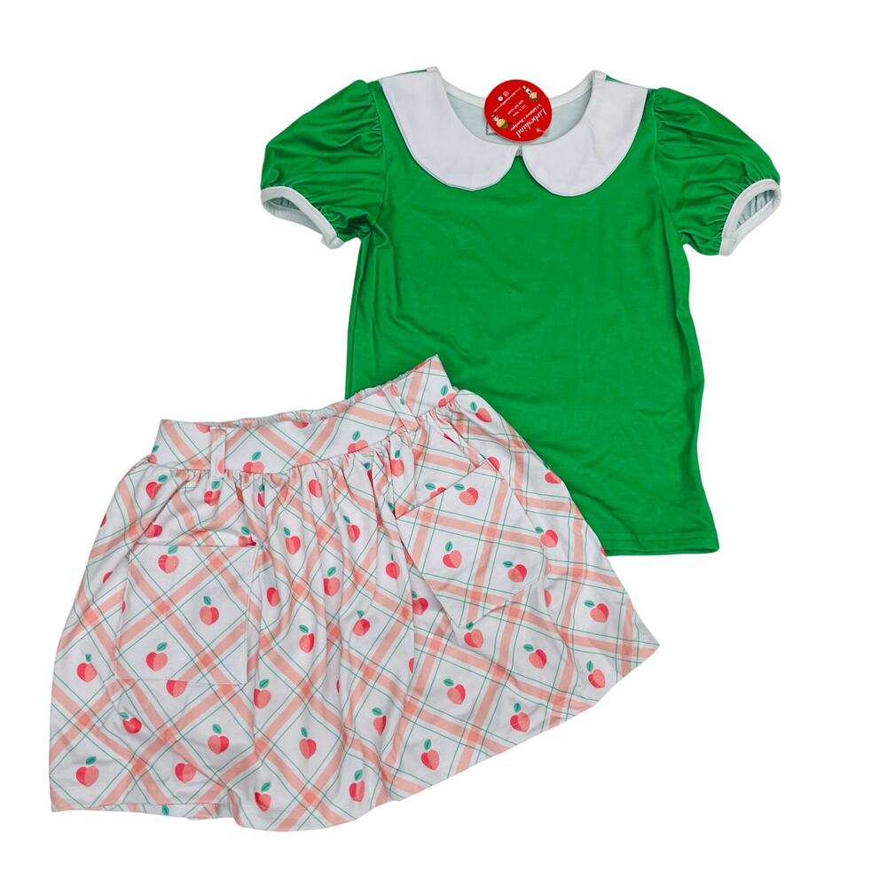 NWT Sugar Bee 2T Green Peter Pan & Plaid Peaches Skirt Set